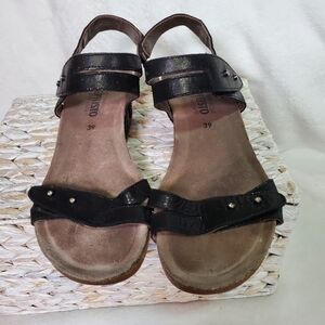 Mephisto Black Rhinestone Wedge Strappy Sandals Leather Sz 8.5 /39 EUC